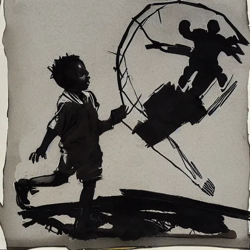 Prompt: award winning william kentridge drawing of a south african boy dashing home across a childrens story illustration urban township landscape, to save his little brother, who is accidentally playing with parafin