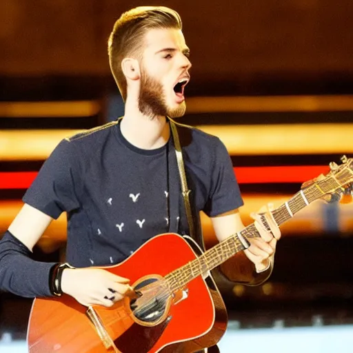 Prompt: david de gea singing pop playing the guitar, indoor