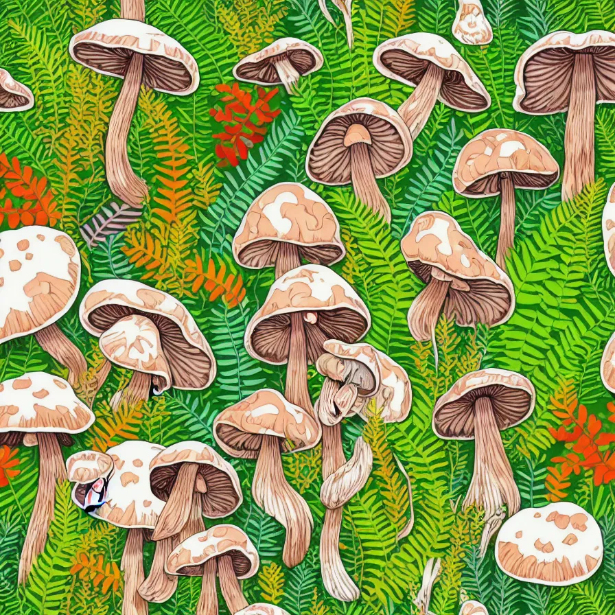 Image similar to plethora of mushrooms and mycelium, vivid natural color hues and natural surroundings, colorful painted patterns and motifs on mushrooms, leaves and ferns, seamless fabric pattern 8K, highly detailed.