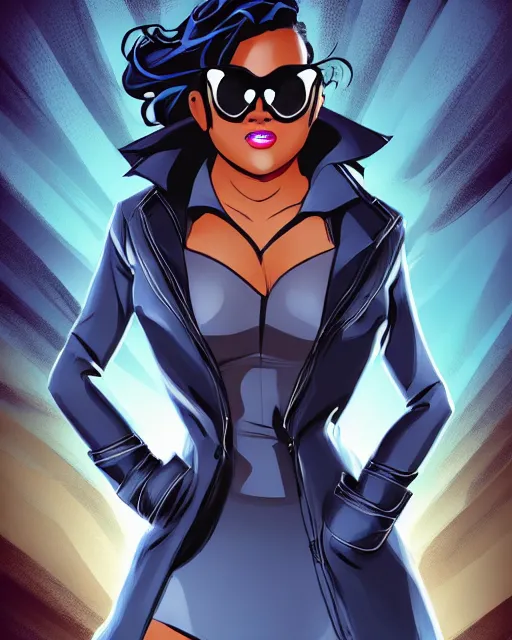 Prompt: thick chubby dark - skinned filipina superhero, long black trench coat, sunglasses, sly grin, fully clothed, exaggerated perspective, flying toward camera, beautiful detailed face, bright blue hair, action pose, comic book style, highly detailed, dynamic shadows, dynamic lighting, geoff johns, jason fabok, jason fabok, brad anderson, splash art