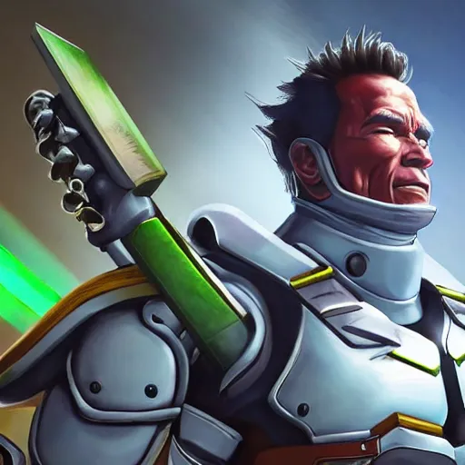 Image similar to a screenshot of arnold schwarzenegger as genji in overwatch, detailed, hyper realistic, award winning photo