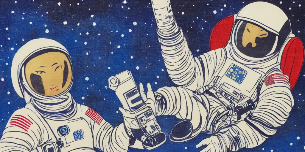 Prompt: traditional japanese painting of astronaut in space