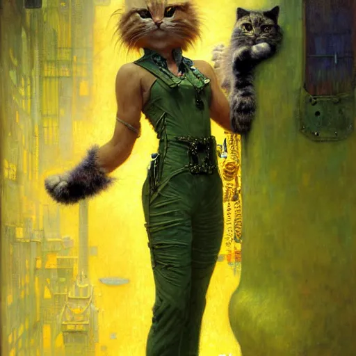 Image similar to a portrait of a humanoid fluffy tabby cat feline with green human eyes wearing a jumpsuit. shadowrun cyberpunk fantasy highly detailed painting by gaston bussiere craig mullins jc leyendecker gustav klimt artgerm greg rutkowski john berkey, bergey, craig mullins, ruan jia, raymond swanland, jeremy mann, tom lovell, alex malveda