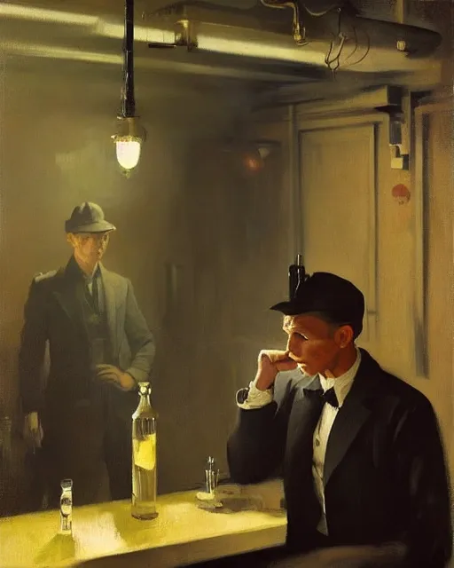 Image similar to young frank sinatra as a poor dystopian dieselpunk soviet bartender serving a client. art by greg rutkowski, gustave courbet, rosa bonheur, edward hopper. faithfully depicted facial expression, perfect anatomy, sharp focus, global illumination, radiant light, detailed and intricate environment, trending on artstation