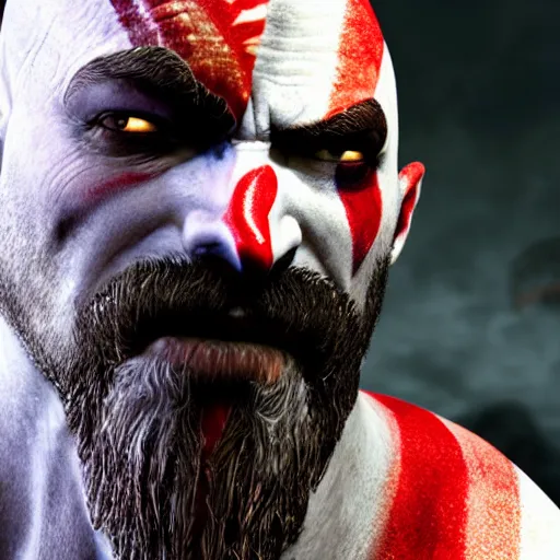 Image similar to close up side view of kratos from god of war staring at a hamburger