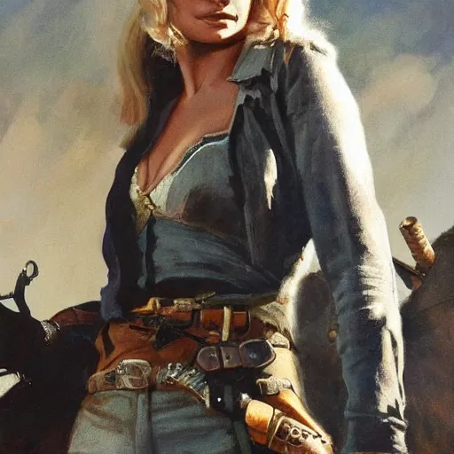 Image similar to ultra realistic portrait painting of margot robbie as a western outlaw, art by frank frazetta, 4 k, ultra realistic, highly detailed, epic lighting.