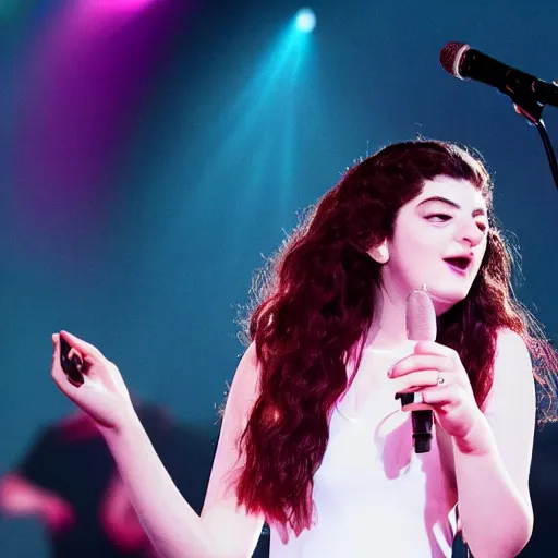 Prompt: lorde singing in a concert during a navy blue night