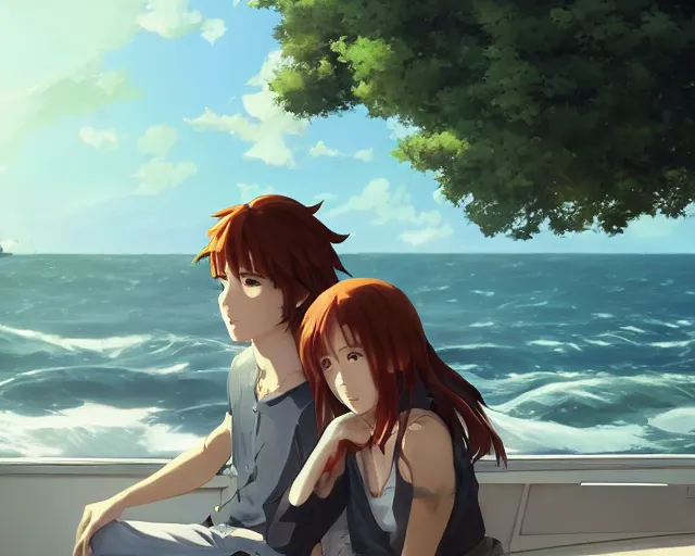 Image similar to a boy and a girl with long flowing auburn hair, boy has short black hair, sitting next to each other in one single boat. Atmospheric lighting, long shot, romantic, boy and girl are the focus, trees, blue water. Anime. By Makoto Shinkai, Stanley Artgerm Lau, WLOP, Rossdraws, James Jean, Andrei Riabovitchev, Marc Simonetti, krenz cushart, Sakimichan, D&D trending on ArtStation, digital art.