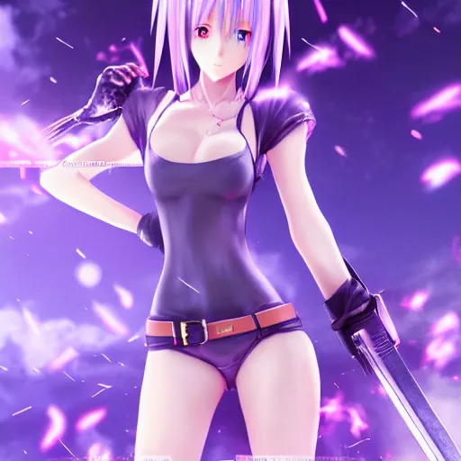 Image similar to beautiful anime girl in the style of final fantasy 7 with purple eyes, wearing jeans, perfect body, standing in the rain, high quality anime art, trending on artstation, 8K octane render, wallpaper