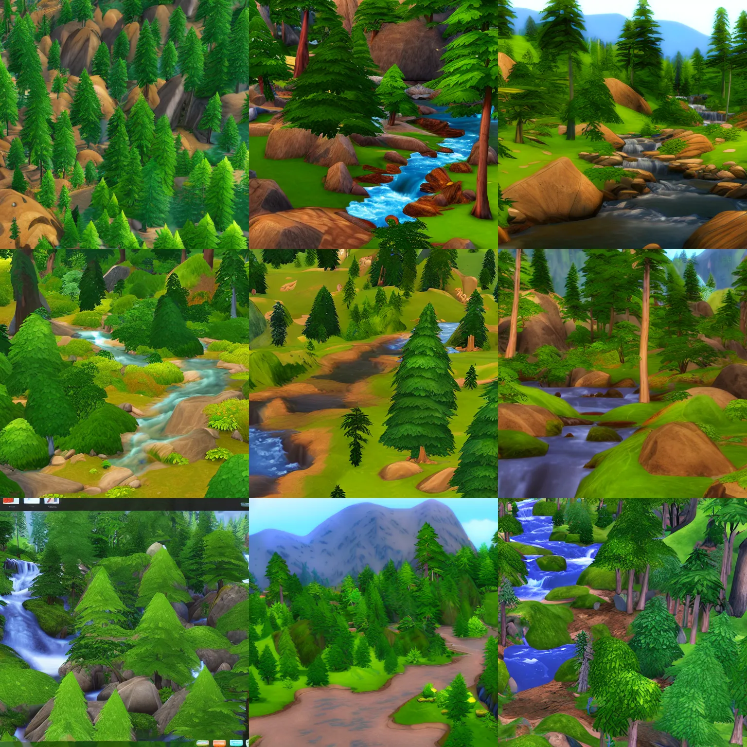 Prompt: detailed deciduous forest mountain stream in the sims 4