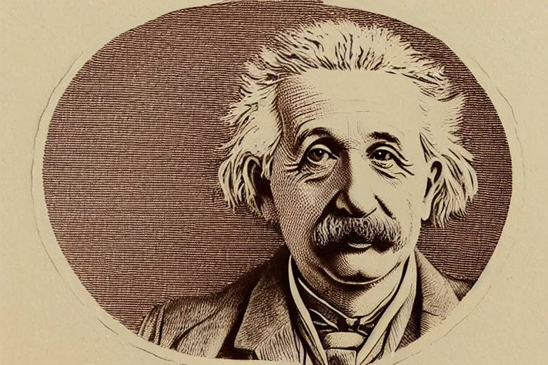 Image similar to an engraved portrait of albert einstein, detailed!!! copper - plate engraving in the style of money bills, fine!!! lines, engraved by alfred sealey, bureau of engraving and printing