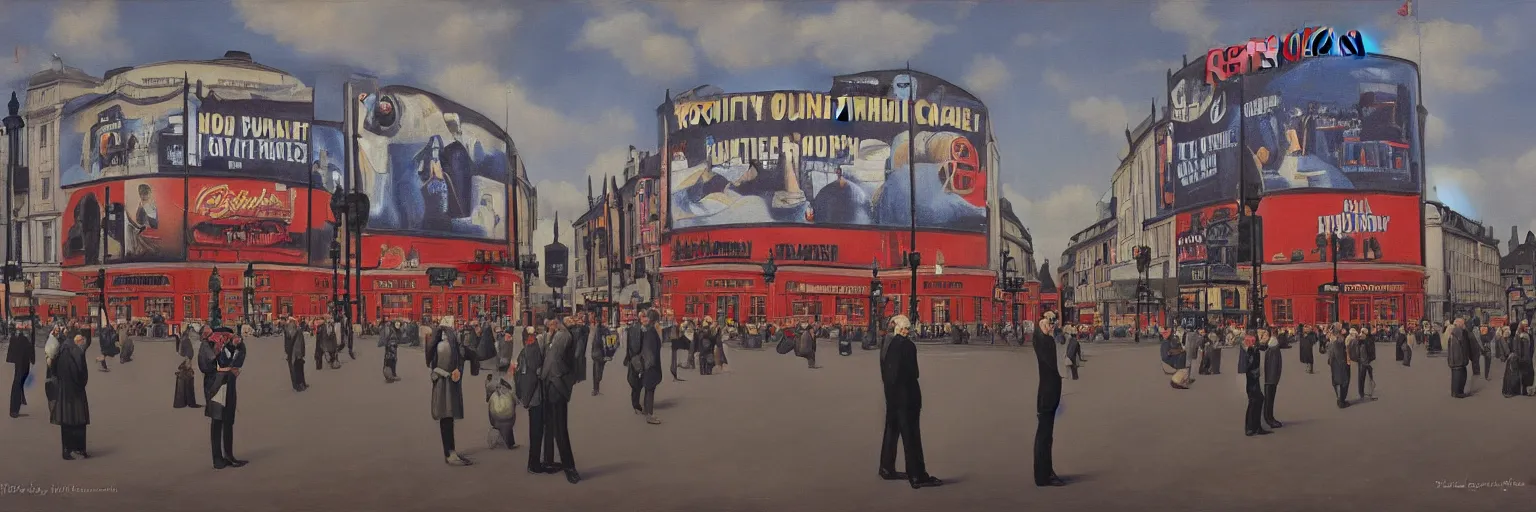 Prompt: piccadilly circus london painting magritte