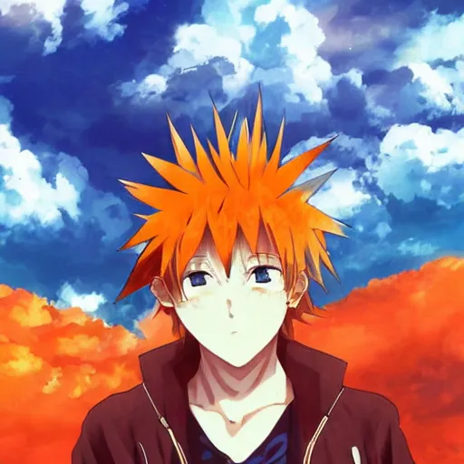 Image similar to orange - haired anime boy, 1 7 - year - old anime boy with wild spiky hair, wearing blue jacket, golden hour, partly cloudy sky, red clouds, orange sky, old town, strong lighting, strong shadows, vivid hues, ultra - realistic, sharp details, subsurface scattering, intricate details, hd anime, 2 0 1 9 anime