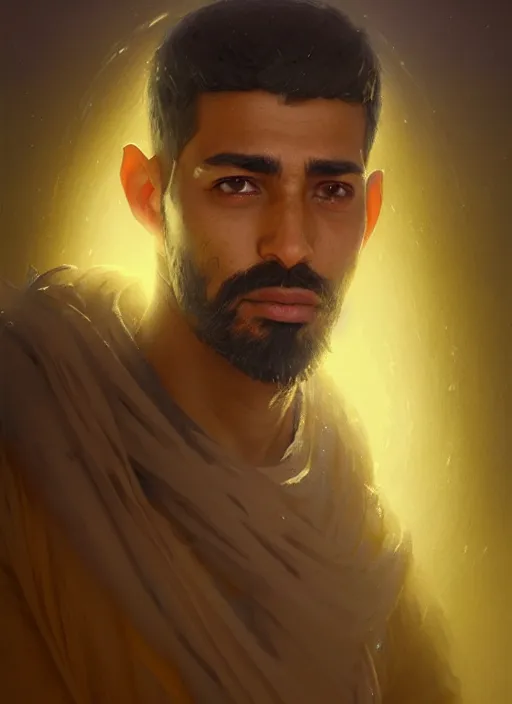 Image similar to highly detailed portrait arab man modern, hero, yellow charcoal, stephen bliss, 8 k, unreal engine, fantasy art by greg rutkowski, loish, rhads, ferdinand knab, makoto shinkai and lois van baarle, ilya kuvshinov, rossdraws, tom bagshaw, global illumination, radiant light, detailed and intricate environment