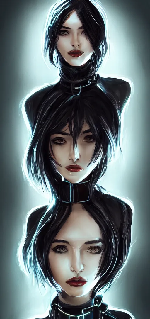 Image similar to headshot artwork of cyberpunk woman wearing thick black choker, collar on neck, realistic, artstation, neon,