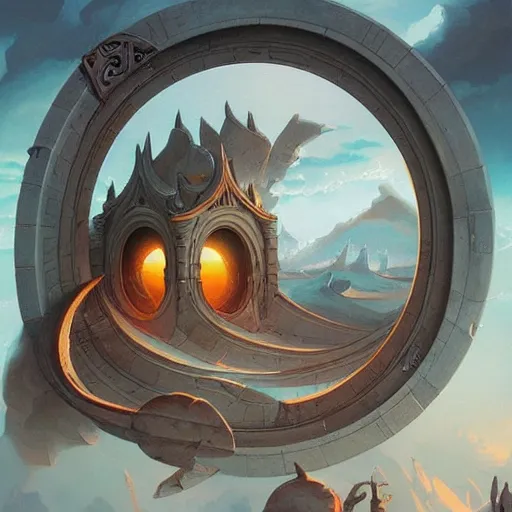 Prompt: highly detailed peter mohrbacher illustration of a stargate made of stone that forms a circle, cinematic view, epic sky