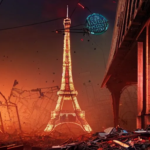 Image similar to A beautiful intricate 8K award-winning ground-level cinematic movie photograph of the future rusting rubble of the fallen and decimated Eiffel Tower, lying in pieces on the ground, surrounded by neon and collapsing corporate video billboard displays. in the year 2050, by Bruno Delbonnel and greg rutkowski. octane render, Arri Alexa 65. Cinematic lighting