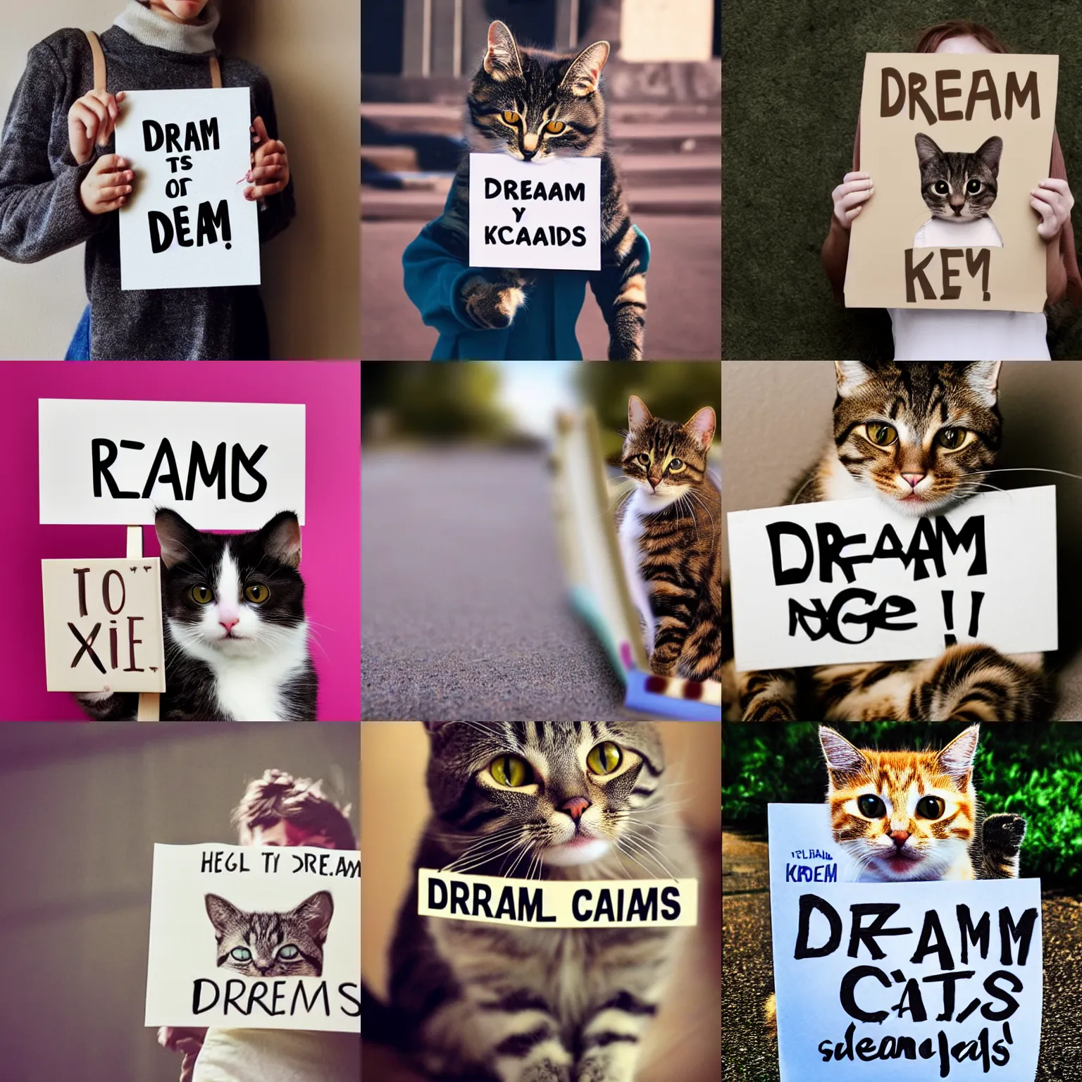 Prompt: realistic high quality photo of a cute cat holding a sign with text that reads : dream cats