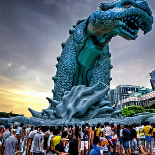 Image similar to large group of people and robots attacking merlion sculpture in Singapore, photorealistic, ultra-detailed, high resolution, HDR shot, cinematic lighting