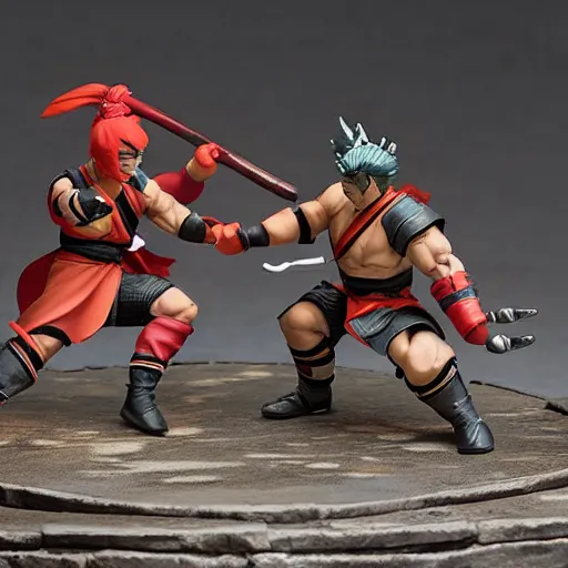 Image similar to photo of figma figures inside a diorama, depicting the cute chibi fighters of mortal kombat brutally fighting each other inside a shaolin temple above a spike - pit.