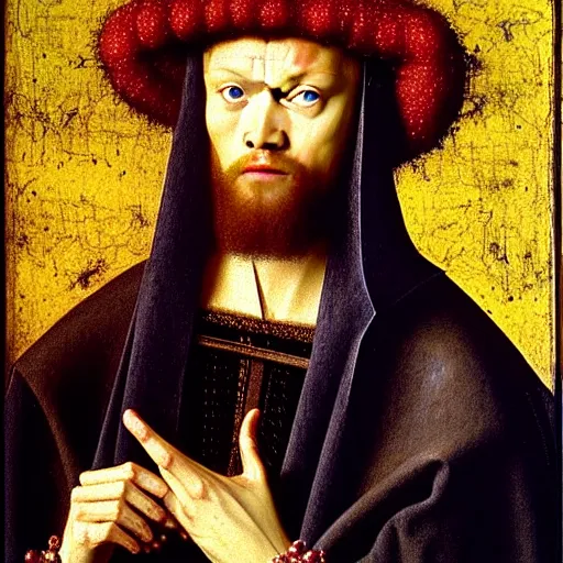 Image similar to portrait of the son of joel egerton health ledger christ pratt leonardo dicaprio, oil painting by jan van eyck, northern renaissance art, oil on canvas, wet - on - wet technique, realistic, expressive emotions, intricate textures, illusionistic detail