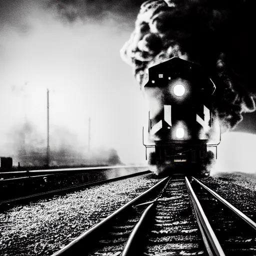 Prompt: a hyperdetailed black and white photograph of the union pacific big boy on the rails producing lots of black smoke in an old timey city, night, dense fog, rain, hd, 8 k, cinematic, volumetric lighting