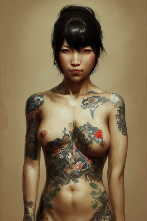 Image similar to portrait of yakuza girl with tattoo, highly detailed, digital art from artstation by Ruan Jia and Mandy Jurgens and Artgerm and william-adolphe bouguereau