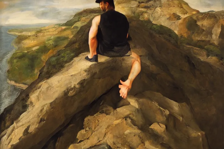 Image similar to portrait of a man looking down a cliff by lina iris viktor and velasquez, oil painting, decollage 4 k