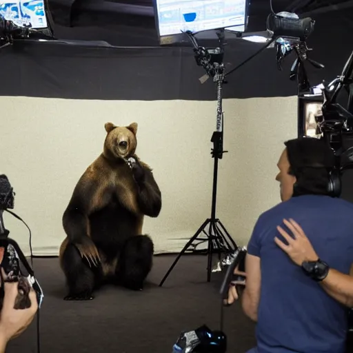 Image similar to a bear being interviewed on the Joe Rogan Experience podcast, professional photograph, 8k