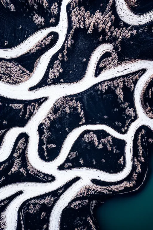 Prompt: a stunning landscape top down aerial photo of icelandic river braids, moody colors, featured on behance