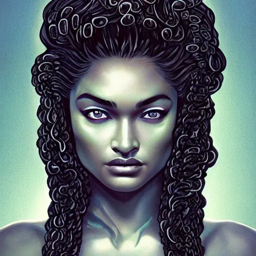 Image similar to Shanina Shaik as Medusa, snakes for hair, highly detailed, digital painting, artstation, concept art, smooth, sharp focus, illustration, art by Chris Achilleos, in the style of Medusa (1988) by Chris Achilleos.