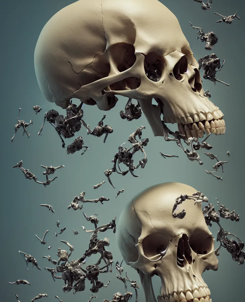 Image similar to composition of human skulls, animals skulls, bones, rib-cage and orchids, bioluminiscent, by Tooth Wu and wlop and beeple. octane render, trending on artstation, greg rutkowski very coherent symmetrical artwork. cinematic, hyper realism, high detail, octane render, 8k