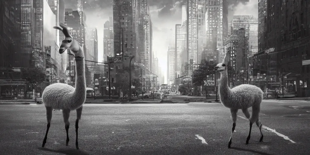 Image similar to a llama walking through a desolate manhattan city street at night, statue of liberty seen in the background, realistic 4 k octane beautifully detailed render, 4 k post - processing, highly detailed, intricate complexity, epic composition, magical atmosphere, cinematic lighting, masterpiece, ultra hd