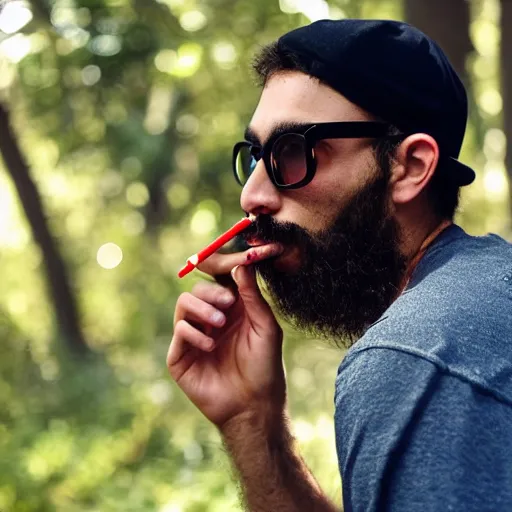 Prompt: a young duck bearded middle eastern american male with wayfarer glasses and red baseball cap sitting in the woods smoking a cigarette + cinematic lighting