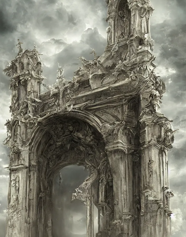 Image similar to Gates of heaven in the clouds by paul chadeison, concept art, ultra realistic, super detailed, photorealistic, cinematographic, epic lighting, religious