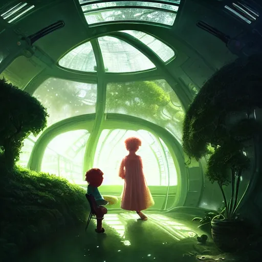 Image similar to , little child and grandma in sci - fi green house, spaceship, plants, stephen bliss, misty, unreal engine, pixar, fantasy art by greg rutkowski, loish, ferdinand knab, and lois van rossdraws, global illumination, radiant light, minimalist, detailed and intricate environment