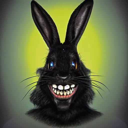 Image similar to A extremely highly detailed majestic hi-res beautiful, highly detailed head and shoulders portrait of a scary terrifying, horrifying, creepy black cartoon rabbit with scary big eyes, earing a shirt laughing, hey buddy, let's be friends, in the style of Walt Disney