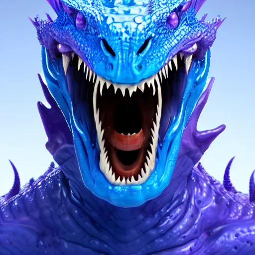 Prompt: man getting hit by a small wave of blue goo, transforming him into a violet dragon, digital art, concept art, face close - up, lizardlike tongue, l, trending on artstation, gooey, highly detailed, slimey, rich iridescent colors, 8 k hd, 3 d render, d & d