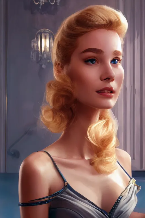 Image similar to blonde holly golightly in breakfast at tiffany's, anatomy, bathed in light, highly detailed, photorealistic, artstation, smooth, sharp focus, illustration, unreal engine 5, 8 k, art by artgerm and greg rutkowski and edgar maxence