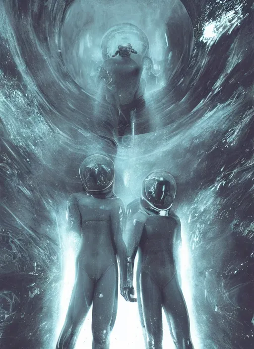 Prompt: astronauts in dark and void underwater - hyperdetailed suit. reflection and dispersion materials. rays and dispersion of light. volumetric light. 5 0 mm, f / 3 2. noise film photo. flash photography. ultra realistic, wide angle. poster by wayne barlowe, hajime sorayama aaron horkey, craig mullins. dark key.