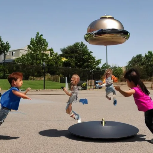 Prompt: a chromed flying saucer levitates in the middle of a playground, the children are playing all around. They look at it