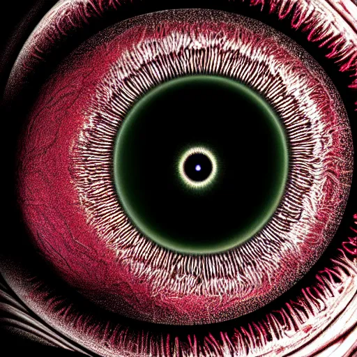 Image similar to a detailed extremely close up of inside the iris, cornea, red image, microscopic, extremely close up drawing by junji ito, cgsociety, generative art, lovecraftian, parallax, cosmic horror, extremely detailed, hyperrealism, unreal engine, octane render, award winning, masterpiece, highly detailed, realistic, 4 k, digital