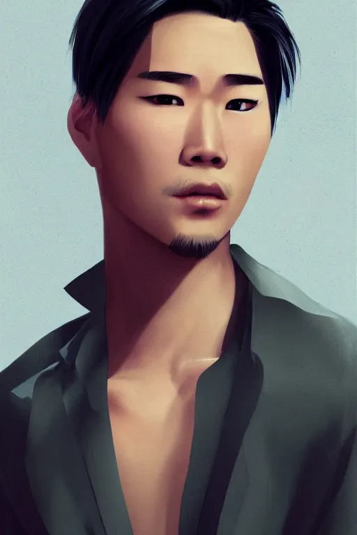 Image similar to portrait of a handsome asian man, cool hairstyle, half body shot, trending on artstation