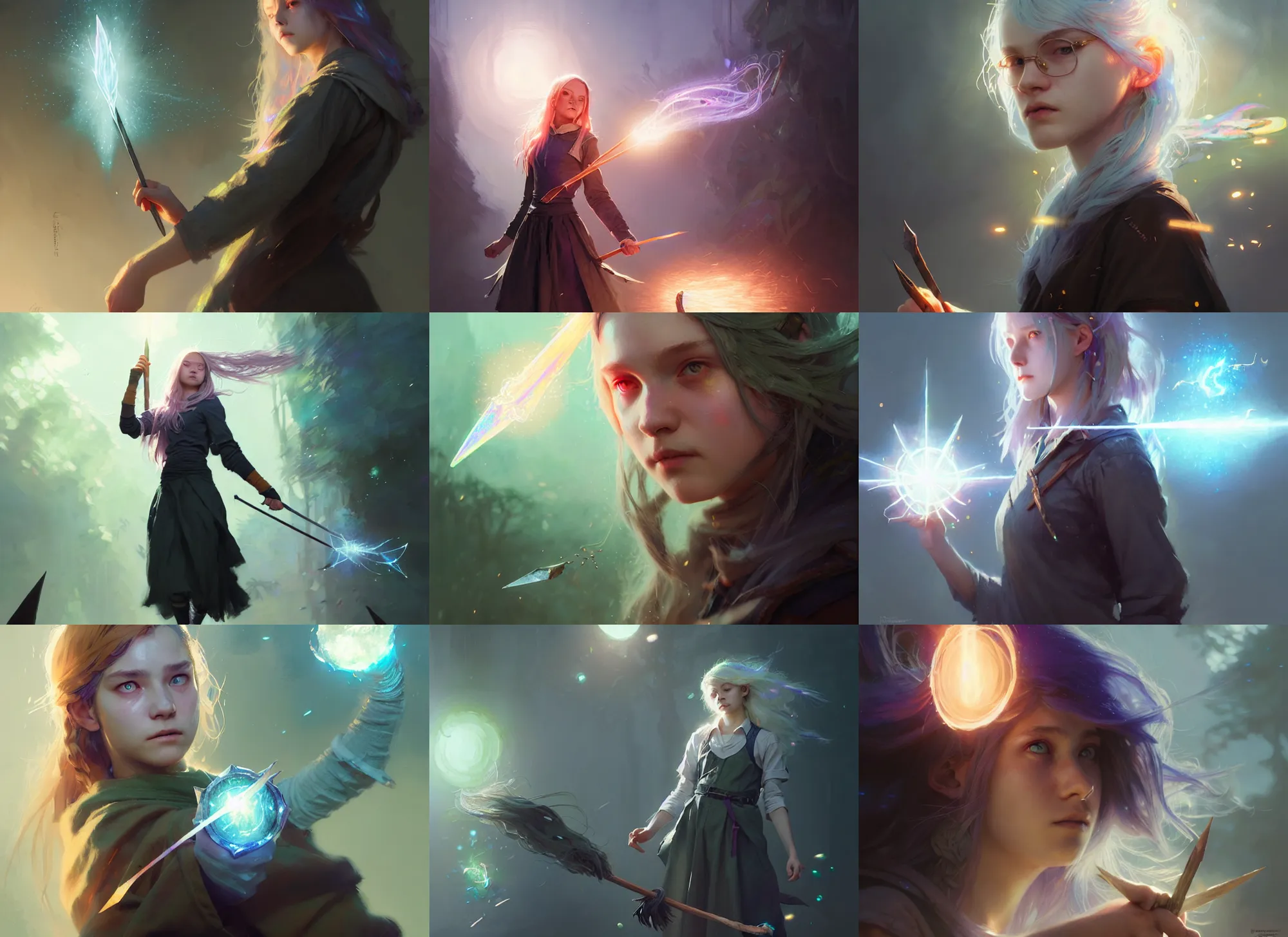 Image similar to rugged female college student witch, light iridescent hair color, magic school uniform, casting spells, fantasy, intricate, sharp focus, lens flare, bloom, illustration, highly detailed, digital painting, concept art, matte, art by ruan jia and wlop and greg rutkowski, masterpiece