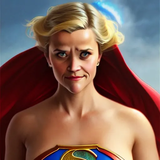 Image similar to Reese Witherspoon as Super Girl, western, D&D, fantasy, intricate, elegant, highly detailed, digital painting, artstation, concept art, matte, sharp focus, illustration, art by Artgerm and Greg Rutkowski and Alphonse Mucha