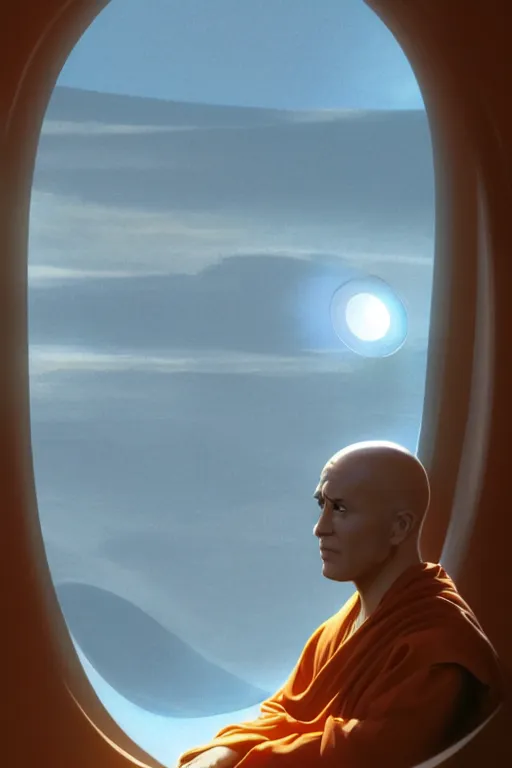 Image similar to portrait of a monk in a spaceship, looking out of a round window at nebula, orange robe, dramatic lighting, artstation, matte painting, ralph mcquarrie