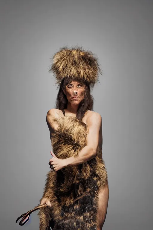 Image similar to a neanderthal woman wearing animal skin, posing as a model for vogue, studio lighting