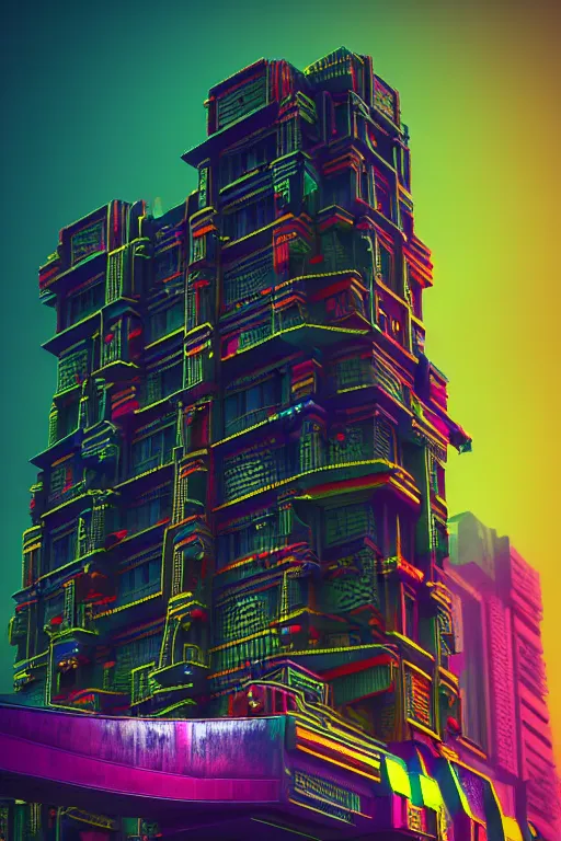 Image similar to high quality 3 d render colorful cyberpunk brutalist hanuman head building, neon yellow madhubani, highly detailed, in sci - fi mumbai, unreal engine cinematic smooth, liam wong, moody light, low angle, uhd 8 k, sharp focus