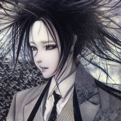 Image similar to Yoshitaka Amano realistic illustration of an anime girl with white hair and cracks on her face wearing dress suit with tie fluttering in the wind, abstract black and white patterns on the background, noisy film grain effect, highly detailed, Renaissance oil painting, weird portrait angle