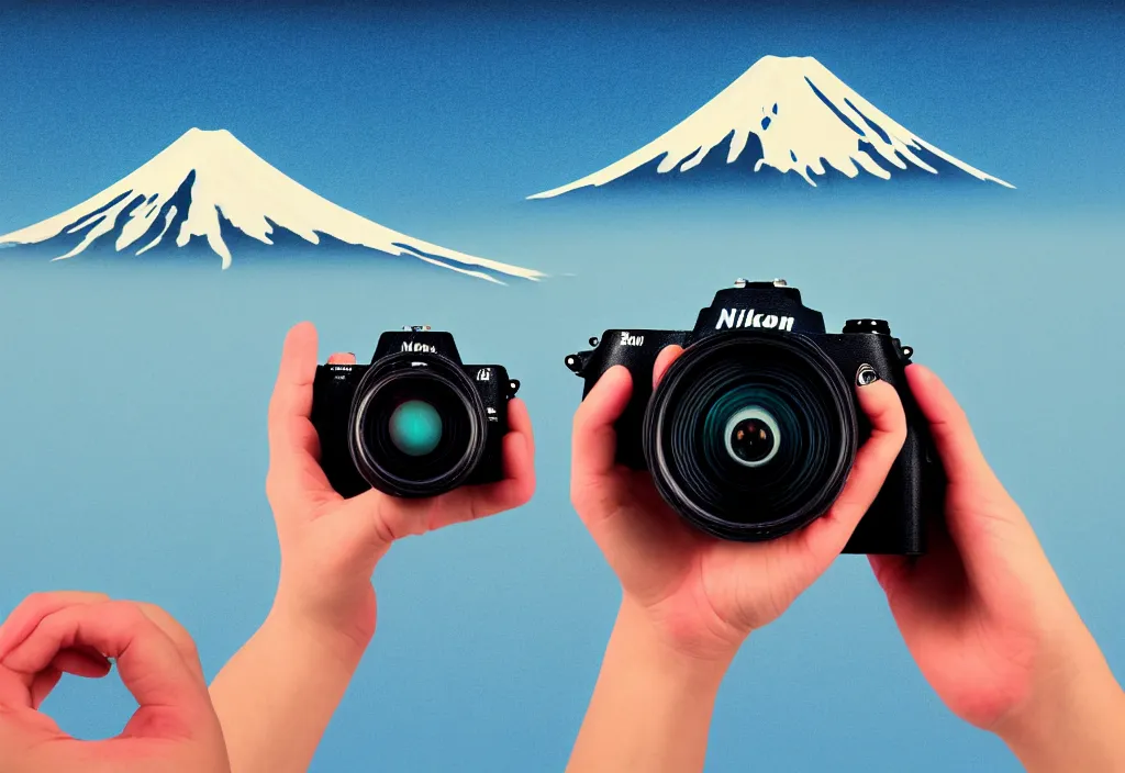 Image similar to first person view of a hand grasping a nikon dslr camera with mount fuji image in viewfinder, in the style of wes anderson, rene magritte, lola dupre, david hockney, isolated on white background, dark monochrome neon spraypaint accents octane render